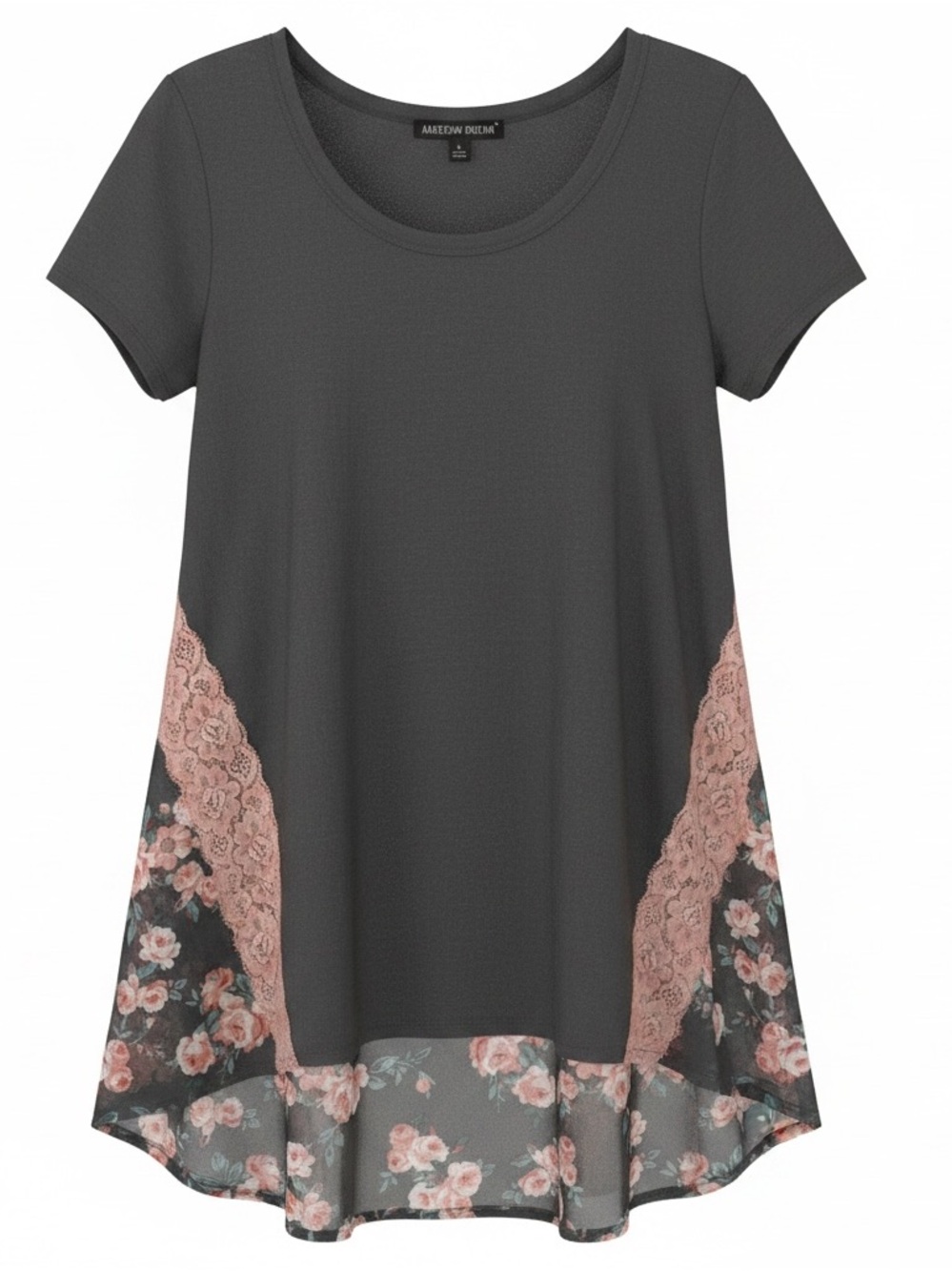 American Dream Charcoal Tunic with Pink Floral Panels